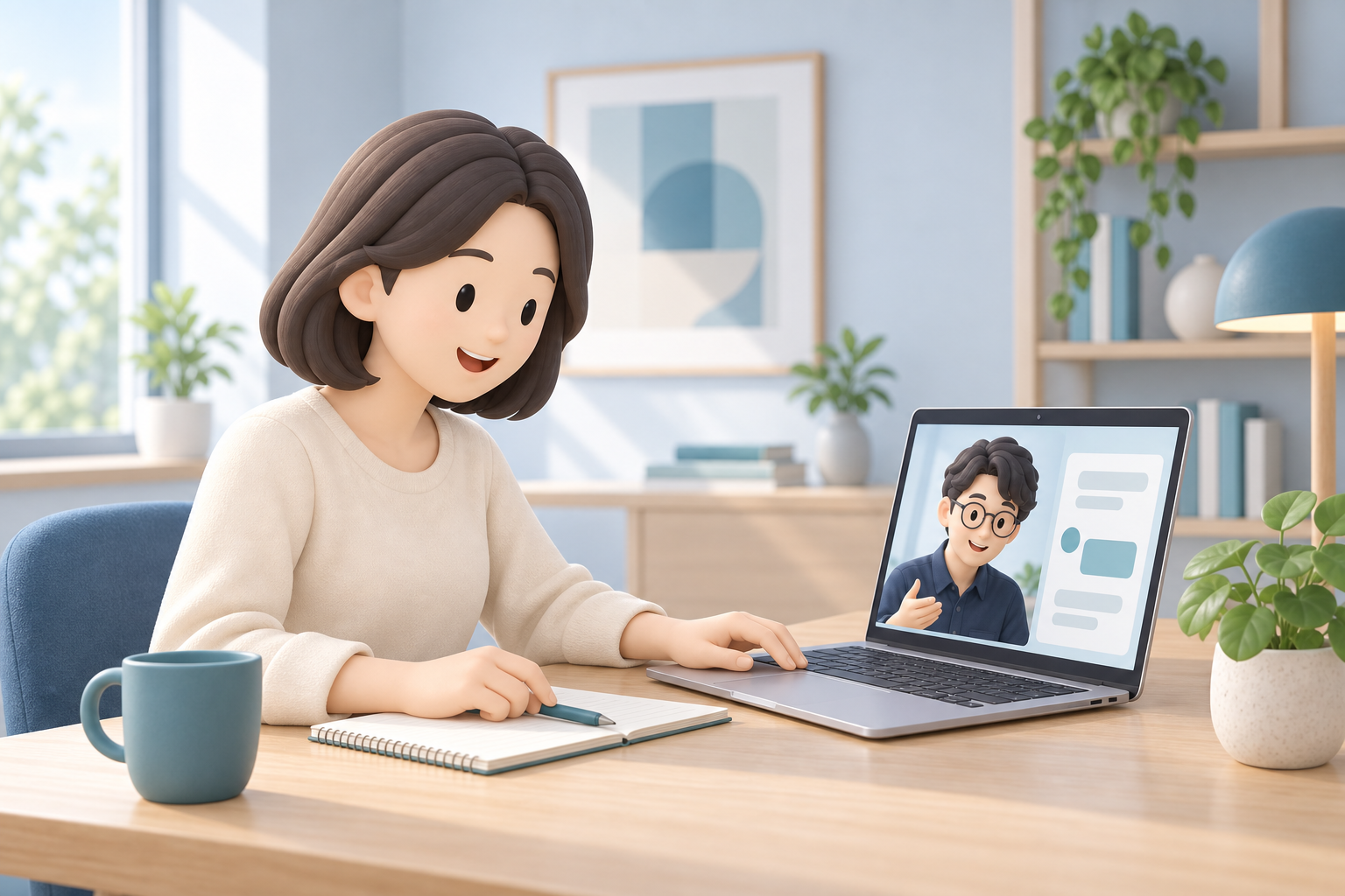自宅のパソコンで講師とオンラインのAIレッスンを受けるイメージイラスト