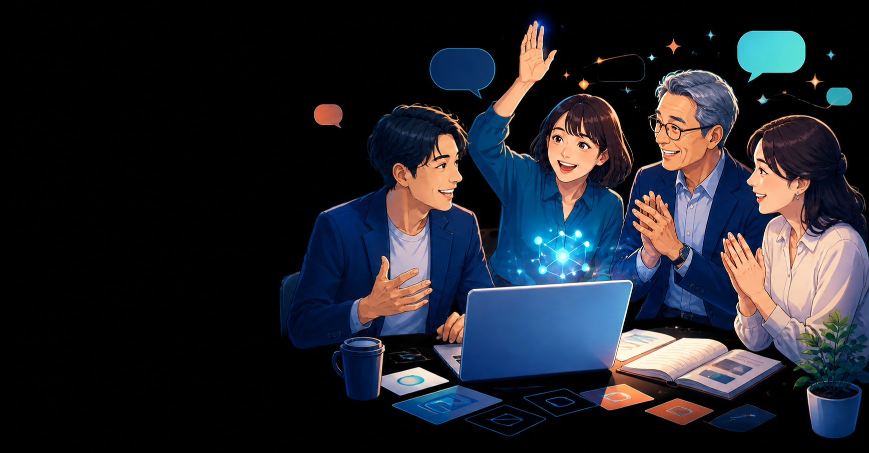 AIレッスンの成果を笑顔で語り合う受講者たち